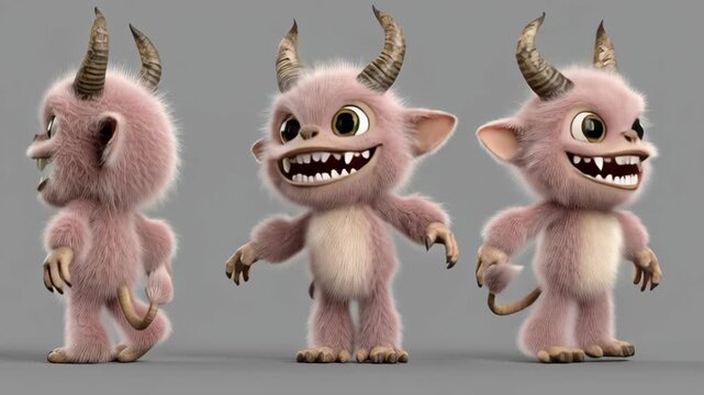 Three different views of a pink monster with horns. The monster is smiling and has its mouth wide open