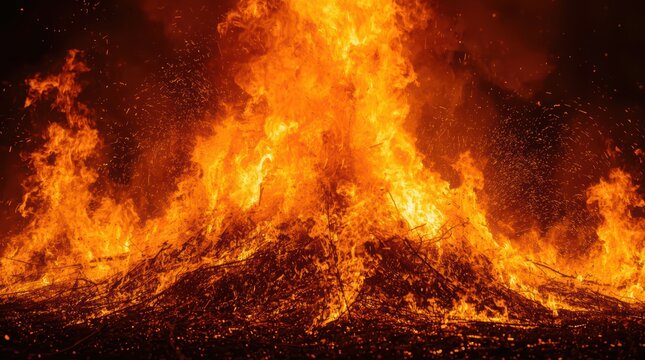 A large bonfire burning intensely with bright orange flames and flying embers at night - Powered by Adobe