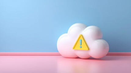 A 3D rendered cloud with a yellow attention sign on it, positioned against a light blue backdrop and pink floor