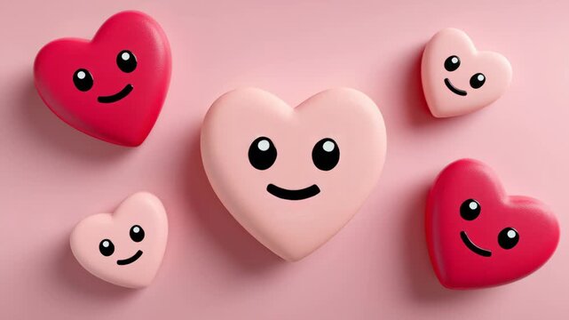 A group of heart shaped toys with smiling faces. Concept of happiness and warmth, as the hearts and smiling faces are often associated with love and affection. The arrangement of the hearts