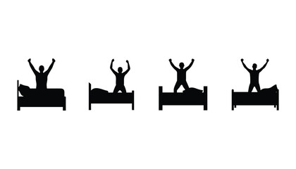 Silhouettes of people jumping on beds in a joyful sequence