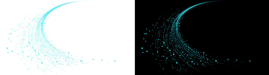 Turquoise glowing particle arc light trail isolated on transparent background