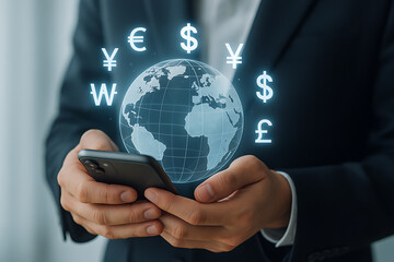 Global business finance concept showing professional holding mobile phone with holographic planet and multiple currency exchange icons