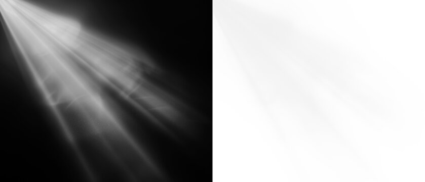 Transparent spotlight effect. A bright, glowing beam with rays in PNG format for stage, studio, or gallery lighting.