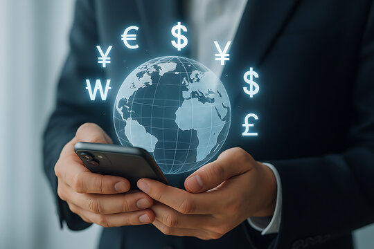 Global business finance concept showing professional holding mobile phone with holographic planet and multiple currency exchange icons - Powered by Adobe