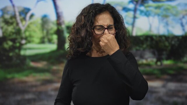 Hispanic middle-aged woman in glasses reacting with displeasure in a green park setting, showcasing various emotions and body language outdoors during the daytime.