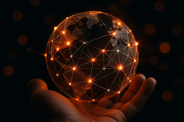 Hand holding glowing holographic world globe symbolizing global connectivity futuristic digital communication and modern technology