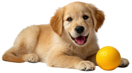 Playful Puppy: A golden retriever puppy lies with a happy, open-mouthed expression and cheerful eyes, a vibrant yellow ball, exudes boundless energy and undeniable charm, ready for a game of fetch.