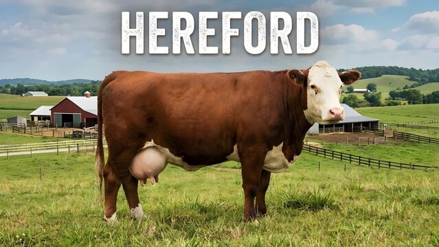A majestic hereford cow stands proudly in a lush green pasture on a sunny day with rolling hills and a red barn in the background, showcasing a classic farm landscape