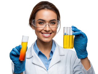 Lab Technician's Discovery: A confident, smiling lab technician, adorned in safety glasses and gloves, presents two test tubes holding vibrant liquids.