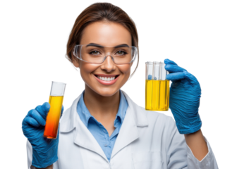 Lab Technician's Discovery: A confident, smiling lab technician, adorned in safety glasses and gloves, presents two test tubes holding vibrant liquids.