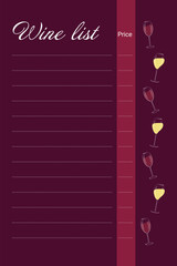 Wine List Template With Red and White Wine Glasses and Dotted lines for price and Names Menu Design. Vector illustration Wine Day Menu or Bar Restaurant Carte Delivery or Web Price Catalog Design Idea