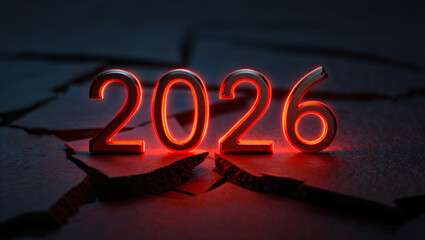 Glowing red 2026 on cracked surface