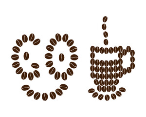 Letters GO made of Coffee beans like cute smiley face and coffee Cup with steam of coffee grains Set. Isolated Vector illustration Sticker Icon logo Motivation cards or Coffee Day Greeting design idea