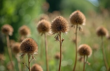 Dried caraway seed heads stand tall in a sunlit garden. Delicate brown spiky seedpods dry on thin stems. Soft green bokeh background suggests a late summer or autumn scene.