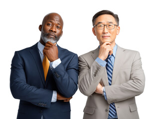 Strategic Pondering: Two seasoned professionals, each reflecting on critical decisions, embodying the weight of responsibility and the pursuit of insightful solutions.