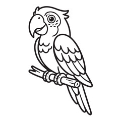 Fototapeta premium Cute parrot line drawing sitting on branch simple coloring page style vector