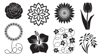 Obraz premium A collection of black and white floral illustrations showcasing various botanical elements.