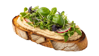 Rustic bread slice topped with creamy hummus, radish slices, microgreens, and basil leaves. Isolated on transparent background.