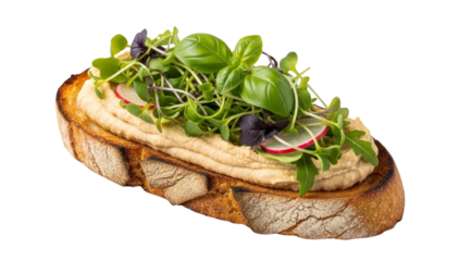 Rustic bread slice topped with creamy hummus, radish slices, microgreens, and basil leaves. Isolated on transparent background.