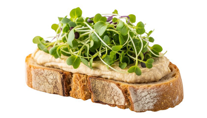 Rustic bread slice topped with creamy hummus, microgreens, and basil leaves. Isolated on transparent background.