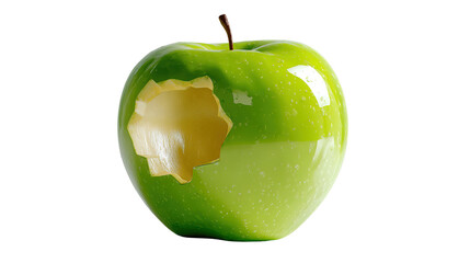 Green Apple with a Bite: A fresh green apple, glistening with dew, displays a tempting bite taken out of it, showcasing its crispness and juicy flesh. 