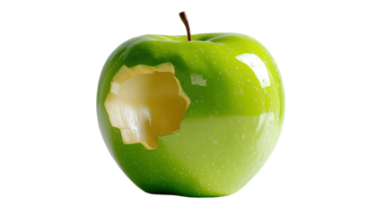 Green Apple with a Bite: A fresh green apple, glistening with dew, displays a tempting bite taken out of it, showcasing its crispness and juicy flesh. 