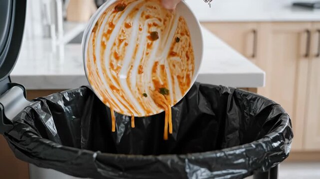 Discarding a bowl of leftover spaghetti with vegetables into a trash can, kitchen waste disposal