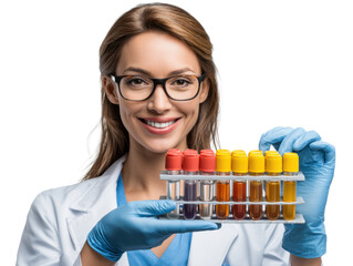 Scientist with Colorful Test Tubes: A radiant scientist, clad in a lab coat, gently presents a tray of vividly colored test tubes, symbolizing scientific research, laboratory exploration.