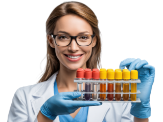 Scientist with Colorful Test Tubes: A radiant scientist, clad in a lab coat, gently presents a tray of vividly colored test tubes, symbolizing scientific research, laboratory exploration.
