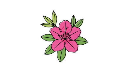 Pink Azalea Flower Illustration with Green Leaves on White Background
