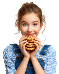 Delightful Treat: A cheerful young girl holds a stack of freshly baked cookies, eyes sparkling with anticipation as she savors the sweet moment.