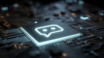 Close-up view of a circuit board with a glowing chatbot symbol embedded on a central processing unit. Intense lighting