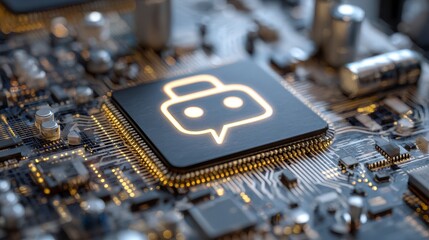 Close-up image displaying a glowing chat bot icon on a processor chip. Fine circuit detail, soft focus & bright illumination