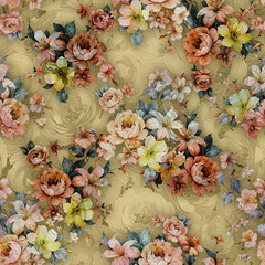 Vintage Floral Seamless Pattern with Oil Paint Texture