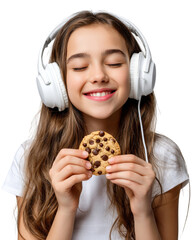 Sweet Serenity: A young girl, immersed in the melodies of her favorite music, savors the simple pleasure of a delicious chocolate chip cookie, her eyes closed in pure bliss.