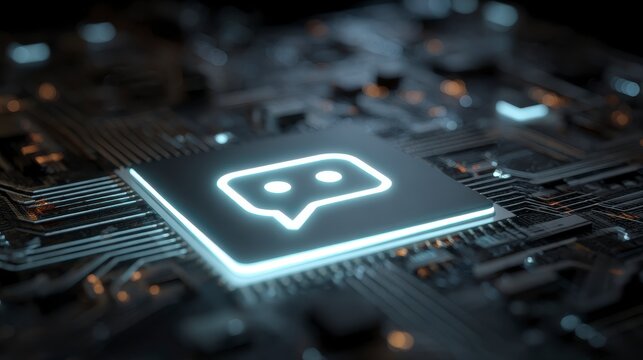Close-up view of a circuit board with a glowing chatbot symbol embedded on a central processing unit. Intense lighting - Powered by Adobe