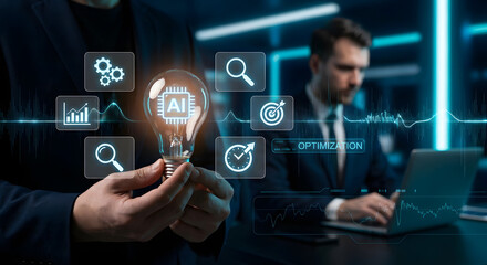 businessman holding glowing light bulb with ai symbol