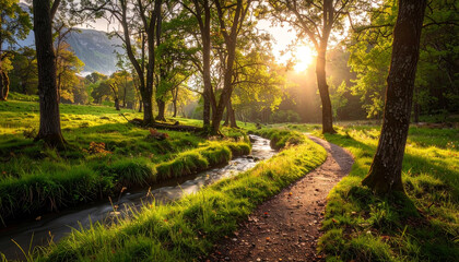 Fototapeta premium Sunlit forest scene with a winding dirt path beside a gently flowing stream, lush green grass and tall trees illuminated by warm golden sunlight