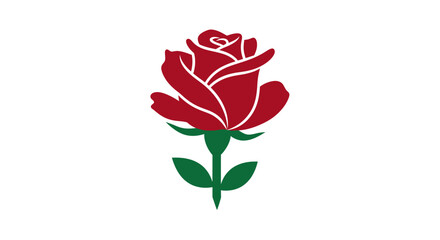 Obraz premium Red Rose Icon with Green Stem and Leaves, Isolated on White Background