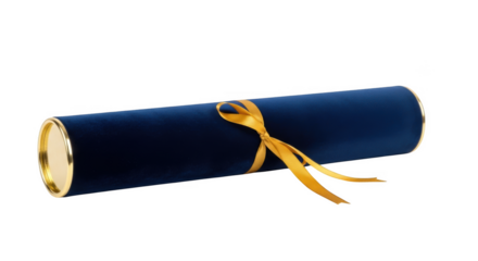 Dark blue velvet scroll tube with gold trim and yellow ribbon navy blue