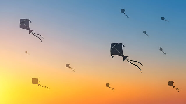 Harvest festival kite flying scene at sunset sky showing colorful kites in open air symbolizing Lohri Makar Sankranti Pongal joy tradition freedom seasonal celebration