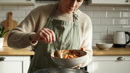 Woman scrapes remaining food from a bowl into a larger pot for reuse, minimizing waste, Kitchen scene with white subway tile backsplash and wooden countertop