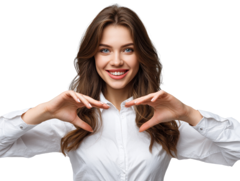 Confidence Gesture: A woman exudes confidence with a warm smile, using her hands to create a frame, embodying positivity and strength. - Powered by Adobe