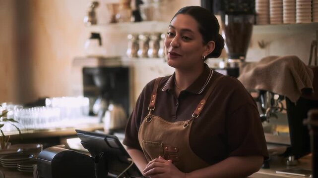 Static shot of young beaming woman serving customers at cash register in local cozy cafeteria, she looking at unrecognizable person, breaking into smile and greeting him