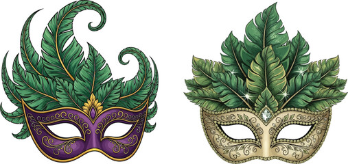 Elegant Mardi Gras Masks with Green Feathers and Gold Art