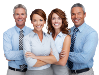 Confident business team: A poised group of business people radiates professionalism. Their smiles and folded arms suggest confidence and cooperation.