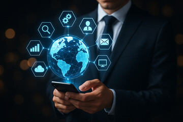 Professional hand holding phone with glowing virtual planet and network icons representing modern digital transformation and global communication systems