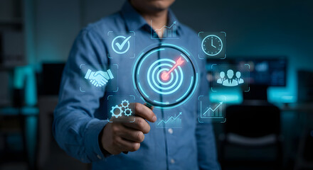 Businessman touching virtual target with red arrow