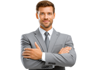 Confident Businessman: A striking portrait of a sharply dressed man exudes confidence, his poised stance and inviting smile speak volumes of professionalism and self-assuredness.